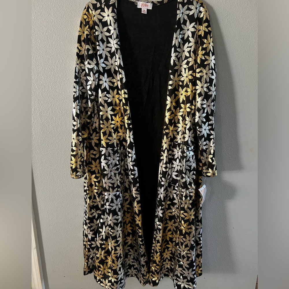 LuLaRoe Elegant Sarah Duster Gold And Silver Metallic Ombre Floral Cardigan M
